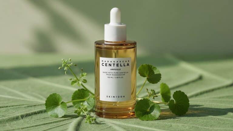 Skin1004 Centella Ampoule bottle on green leaf background