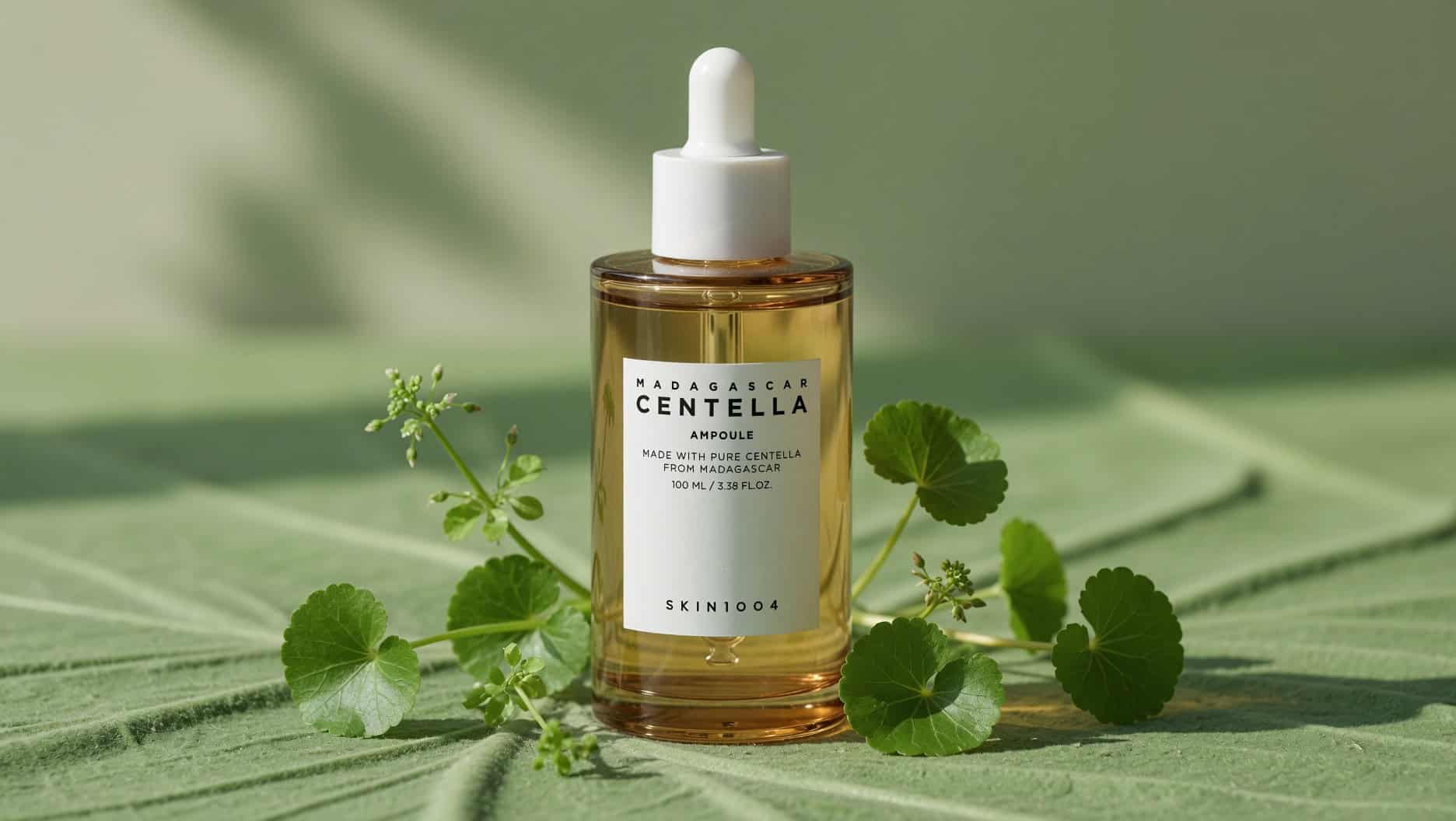 Skin1004 Centella Ampoule bottle on green leaf background