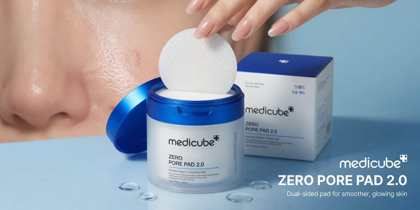 Medicube Zero Pore Pads 2.0 jar with embossed and silky dual-textured pads on white background