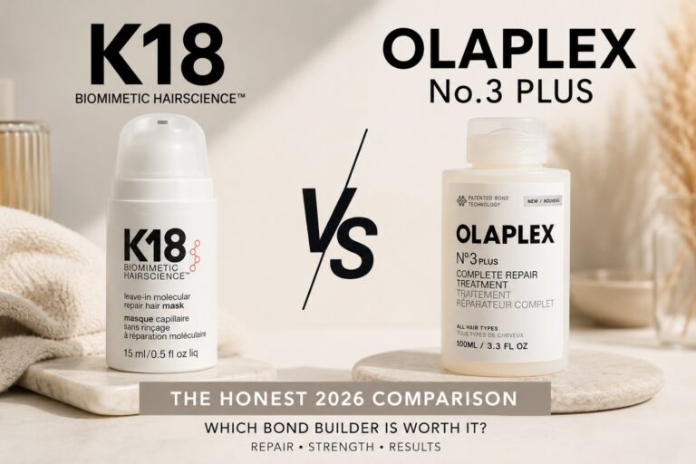 K18 Leave-In Molecular Repair Mask and Olaplex No. 3 PLUS Complete Repair Treatment side by side on a black surface — celeblabel editor comparison