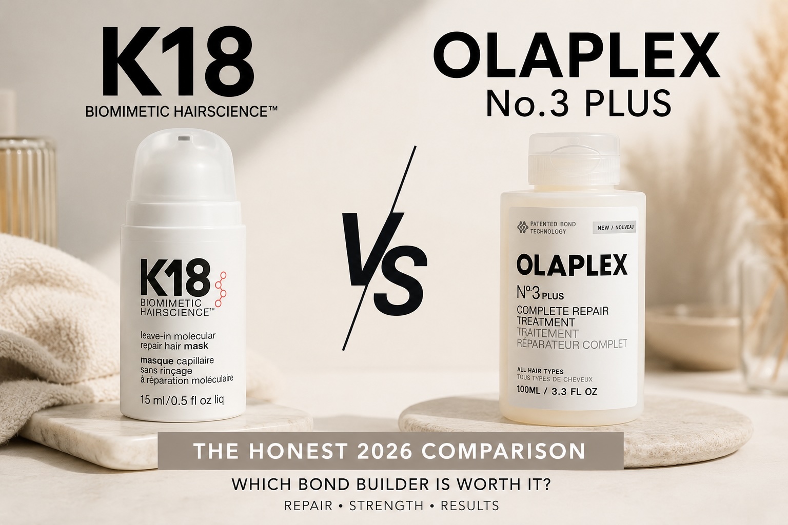 K18 Leave-In Molecular Repair Mask and Olaplex No. 3 PLUS Complete Repair Treatment side by side on a black surface — celeblabel editor comparison