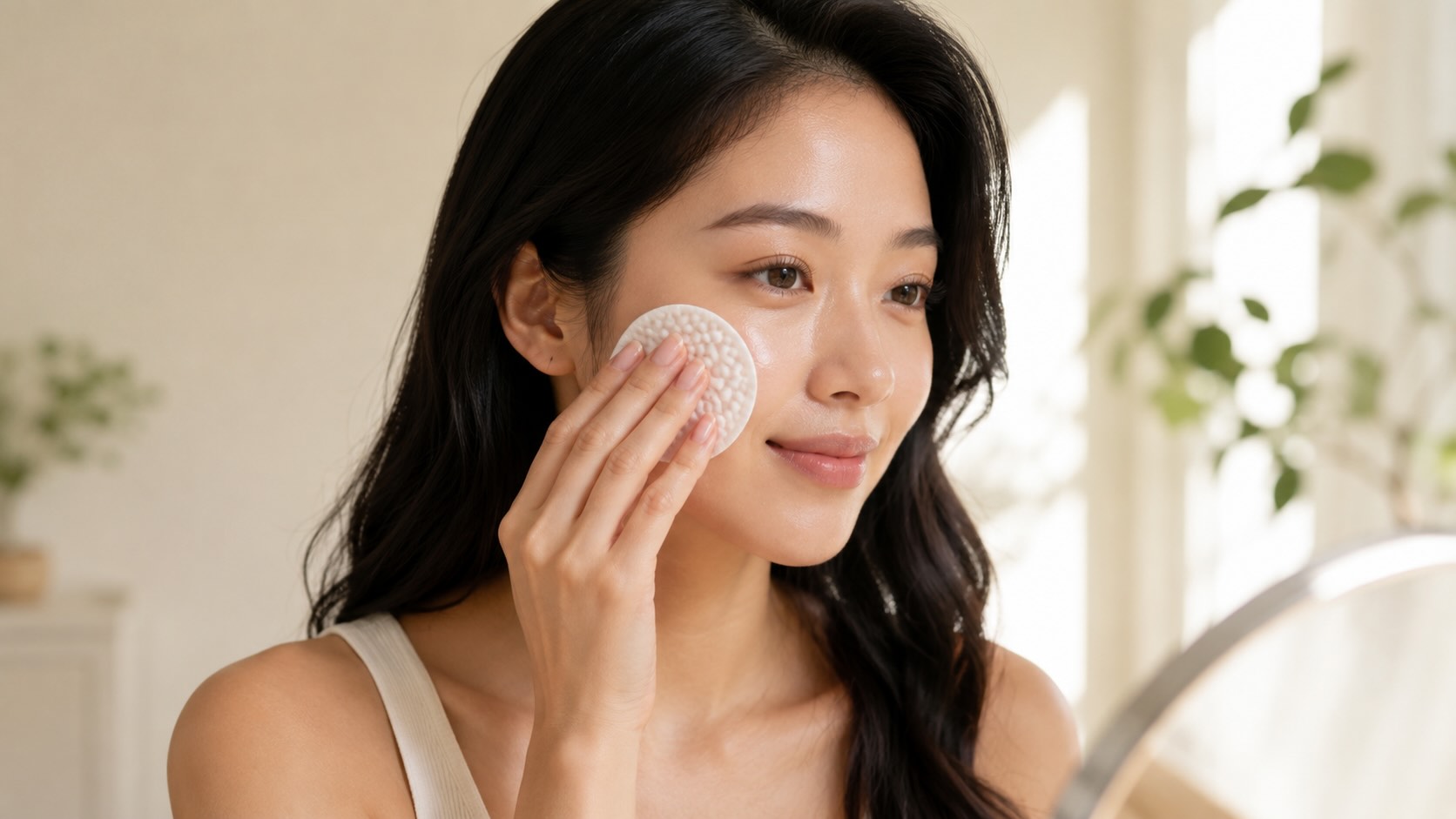 Hands sweeping Abib Heartleaf Spot Pad across cheek with embossed side facing skin during morning routine