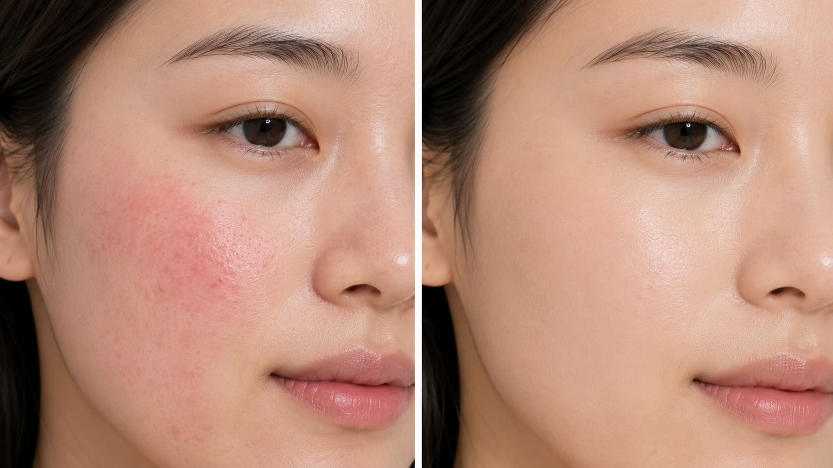 Before and after comparison of skin redness reduction and clarity improvement after 6 weeks of Abib Heartleaf Spot Pad daily use