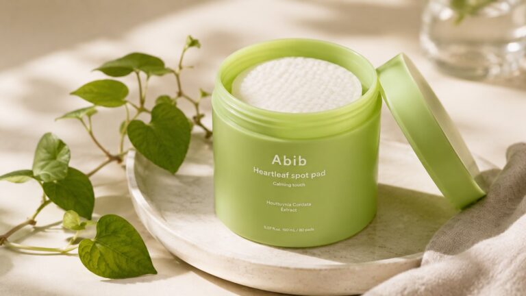 Abib Heartleaf Spot Pad jar with embossed pads visible inside and heartleaf sprigs on cream background