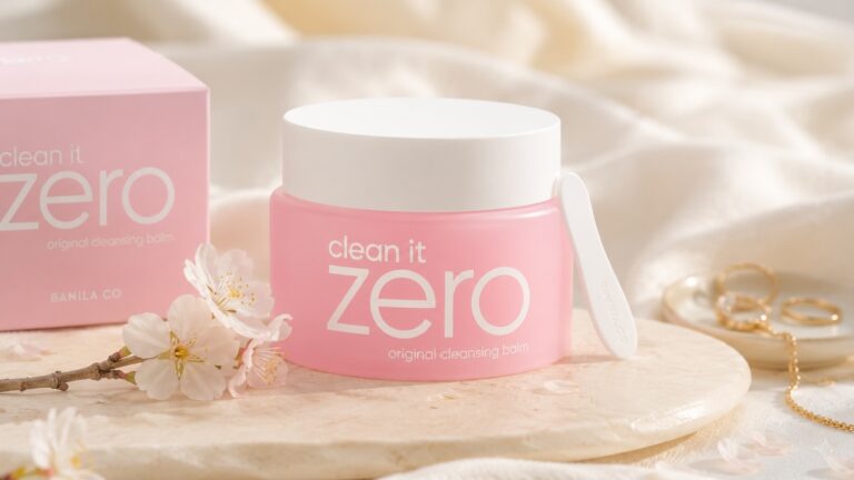 Banila Co Clean It Zero Cleansing Balm pink jar with spatula on cream linen background
