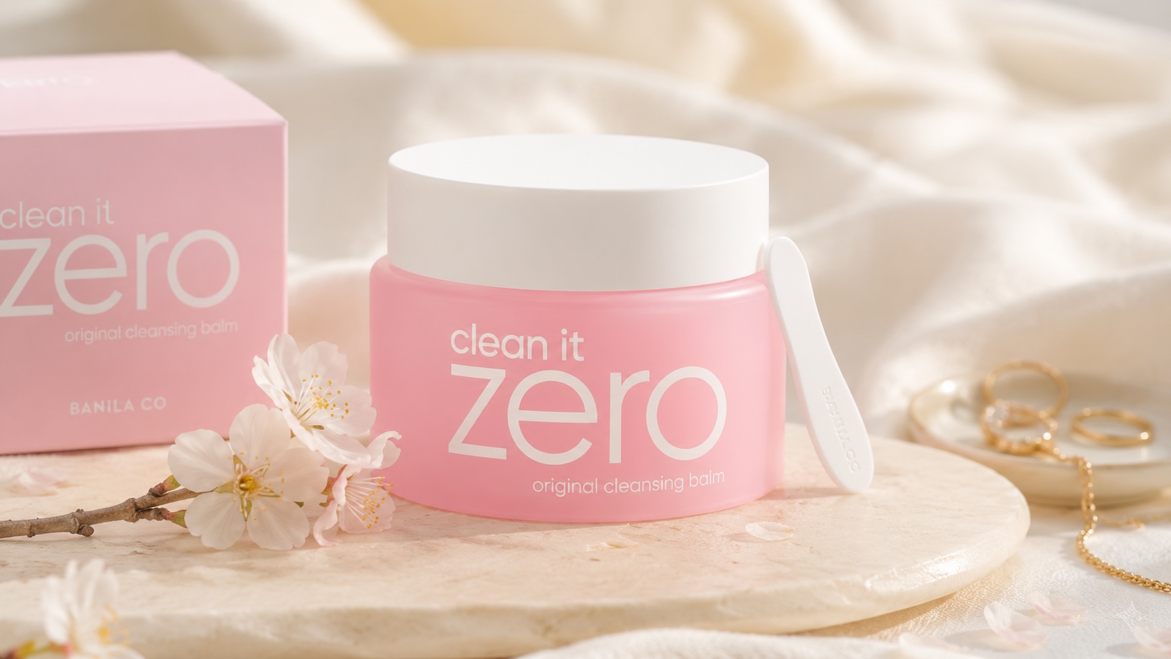 Banila Co Clean It Zero Cleansing Balm pink jar with spatula on cream linen background