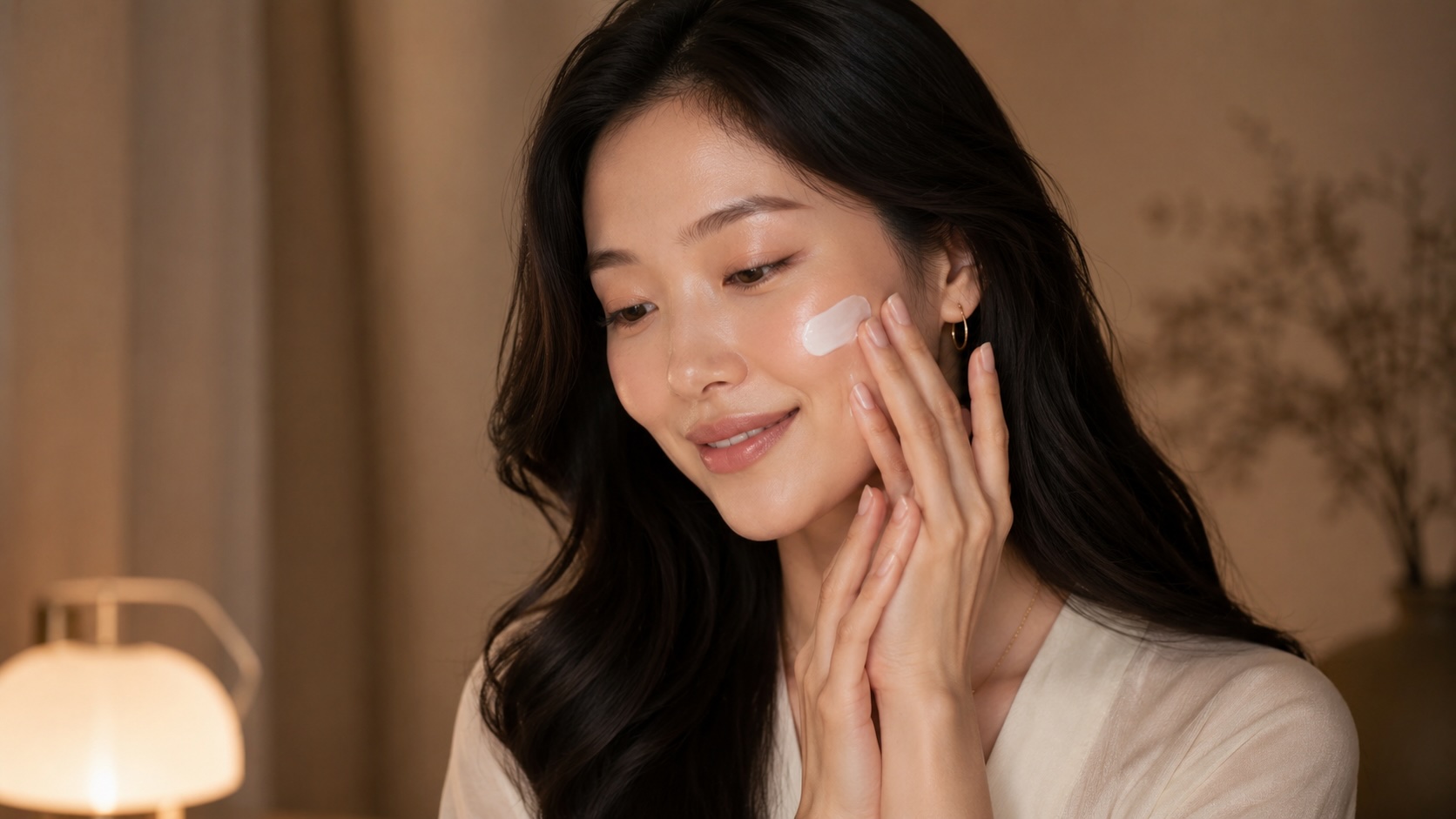 Hands pressing Beauty of Joseon Dynasty Cream into facial skin during evening skincare routine