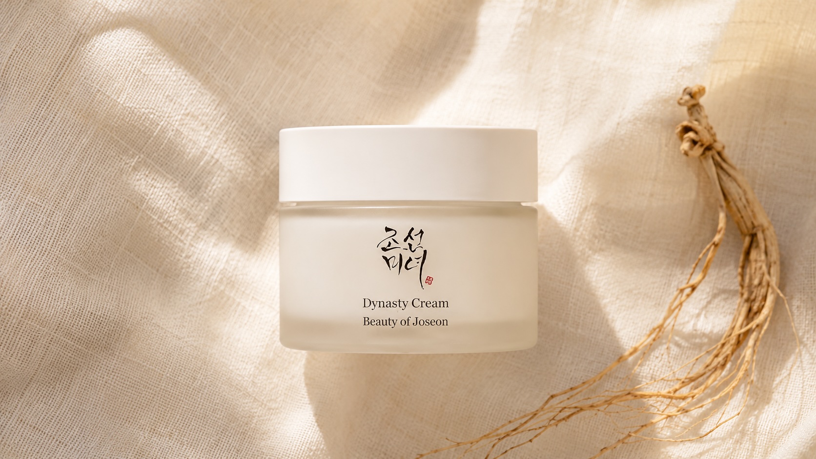Beauty of Joseon Dynasty Cream white ceramic-style jar on neutral warm background