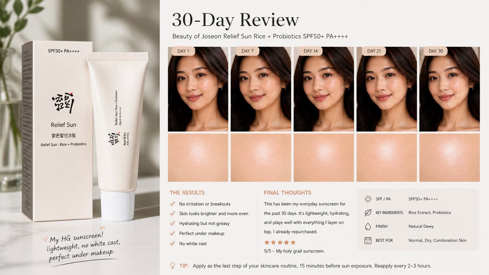 Beauty of Joseon Relief Sun Rice and Probiotics SPF 50 sunscreen tube on white background with gold accent