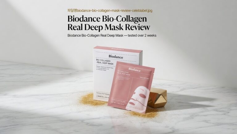 Biodance Bio-Collagen Real Deep Mask 4 pack box on white background with gold accent
