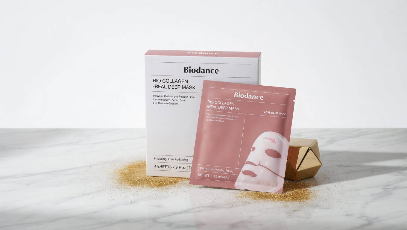 Biodance Bio-Collagen Real Deep Mask 4 pack box on white background with gold accent
