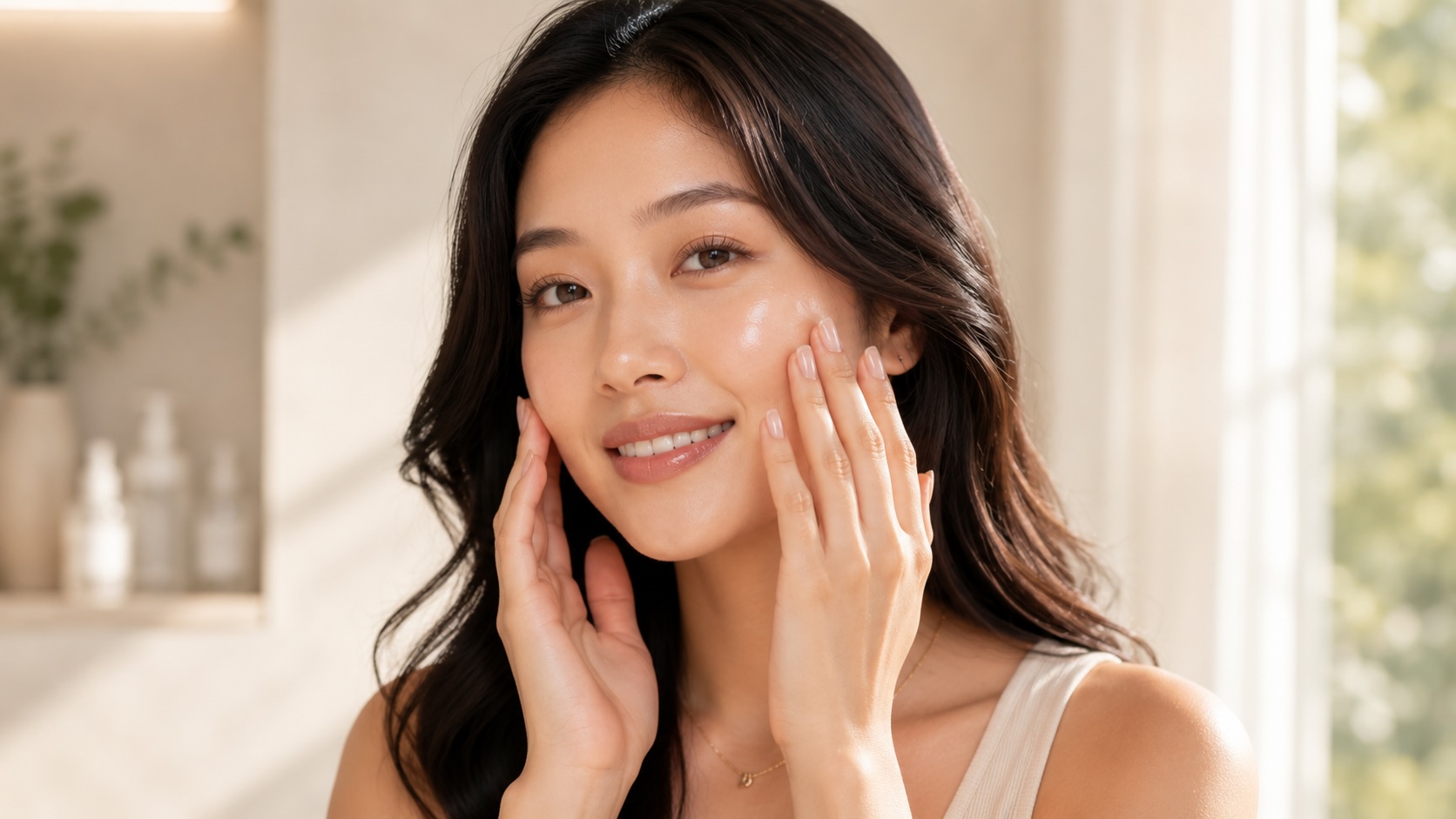Hands pressing Goodal Green Tangerine Vita C Serum into facial skin in morning skincare routine