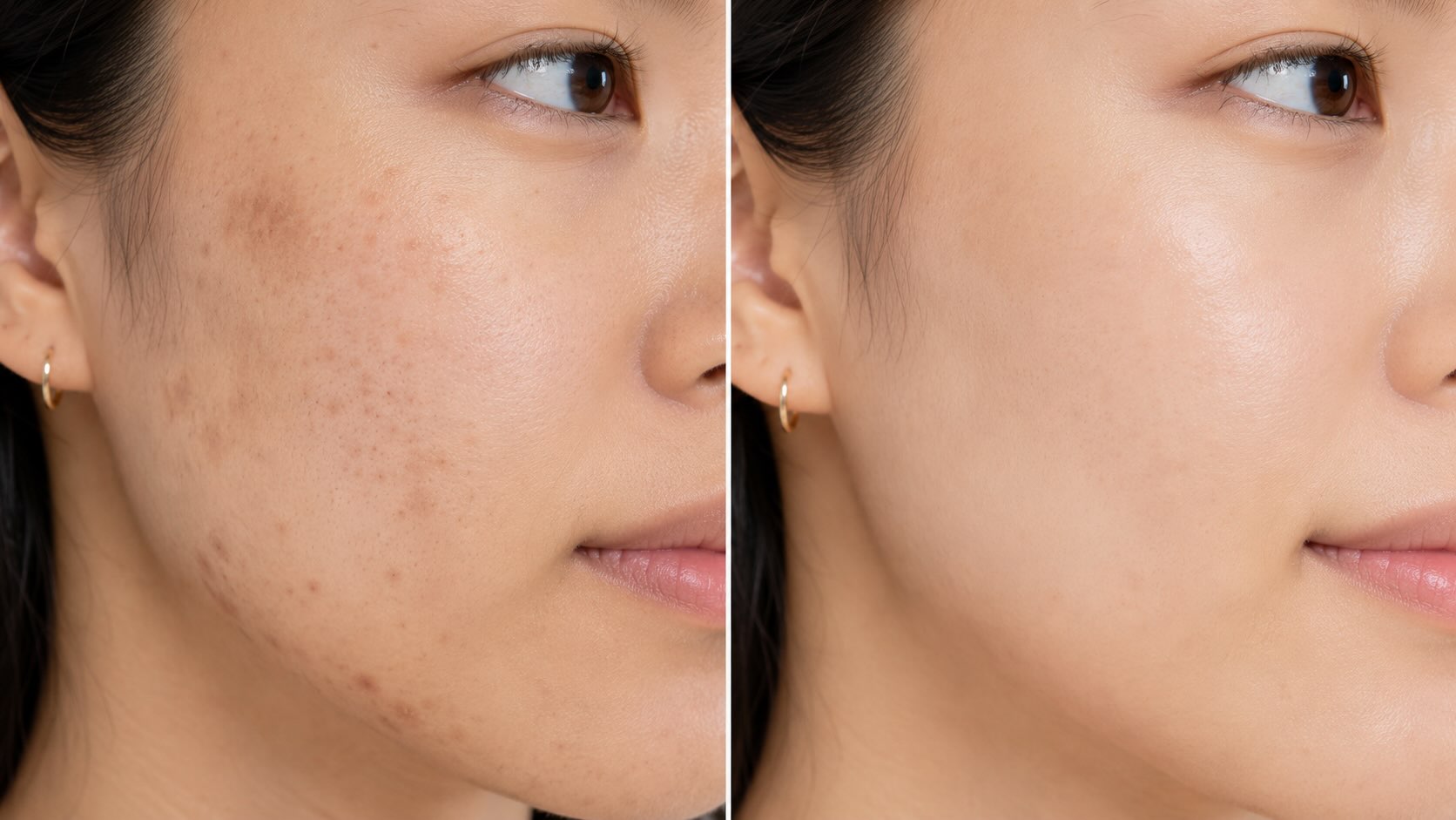 Before and after comparison of post-acne mark fading after 6 weeks of Goodal Green Tangerine Vita C Serum use
