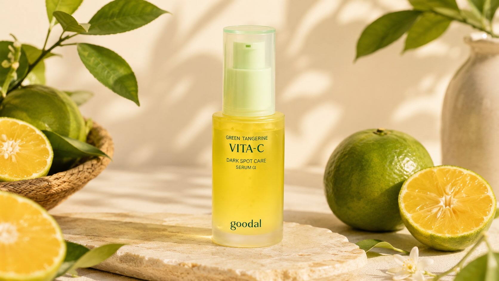 Goodal Green Tangerine Vita C Dark Spot Serum bottle with green tangerine fruit and leaves on cream background