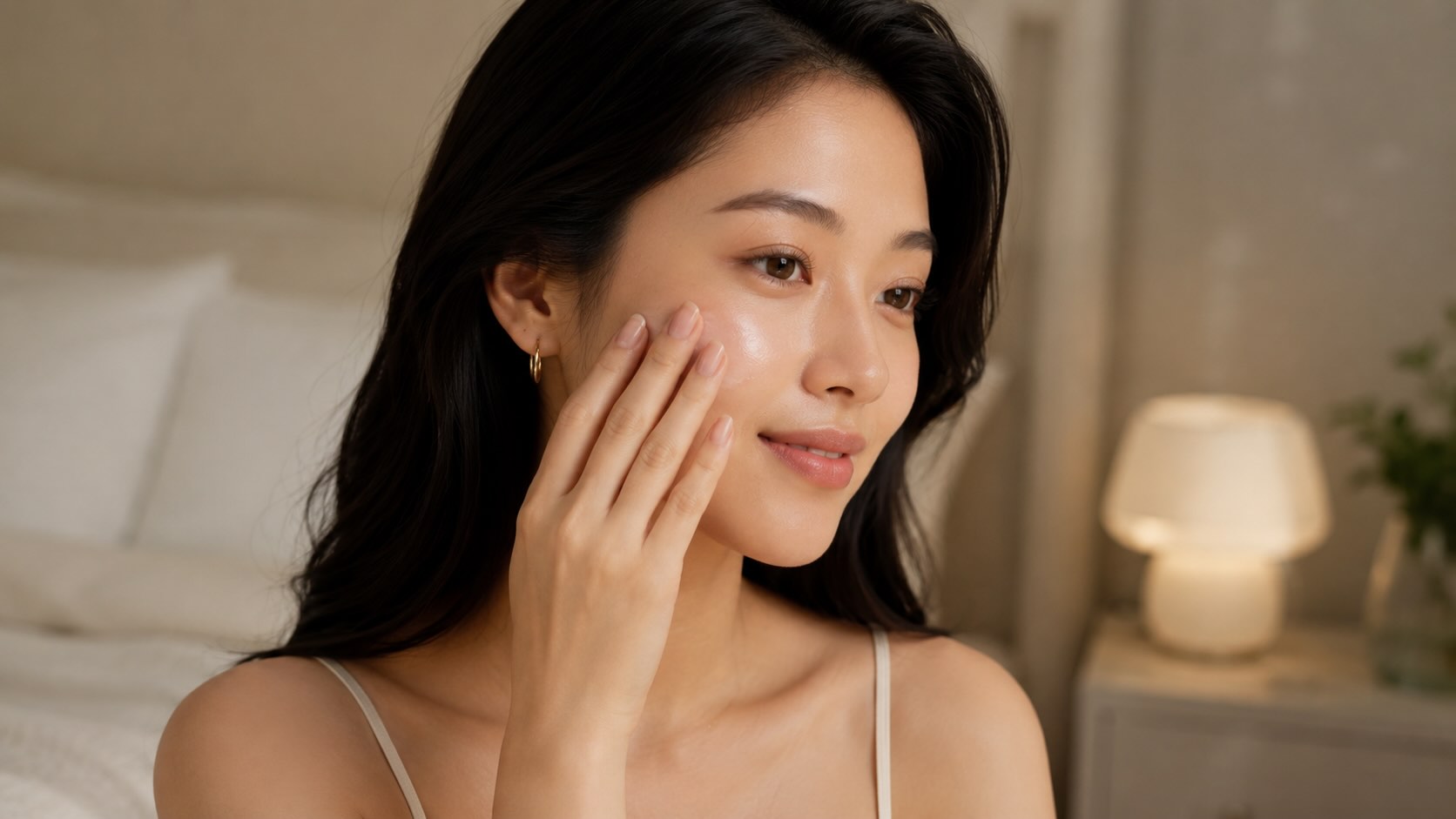 Hands pressing Innisfree Retinol Cica Ampoule into facial skin during evening skincare routine