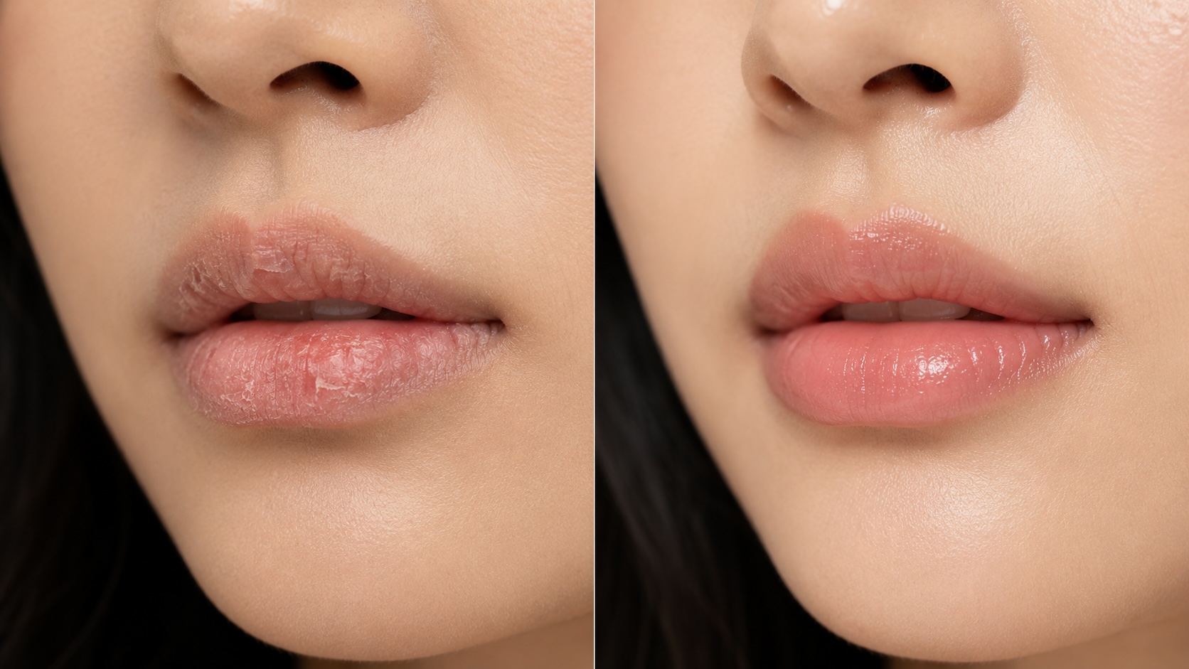Before and after comparison of lip texture and chapping after 6 weeks of nightly Laneige Lip Sleeping Mask use