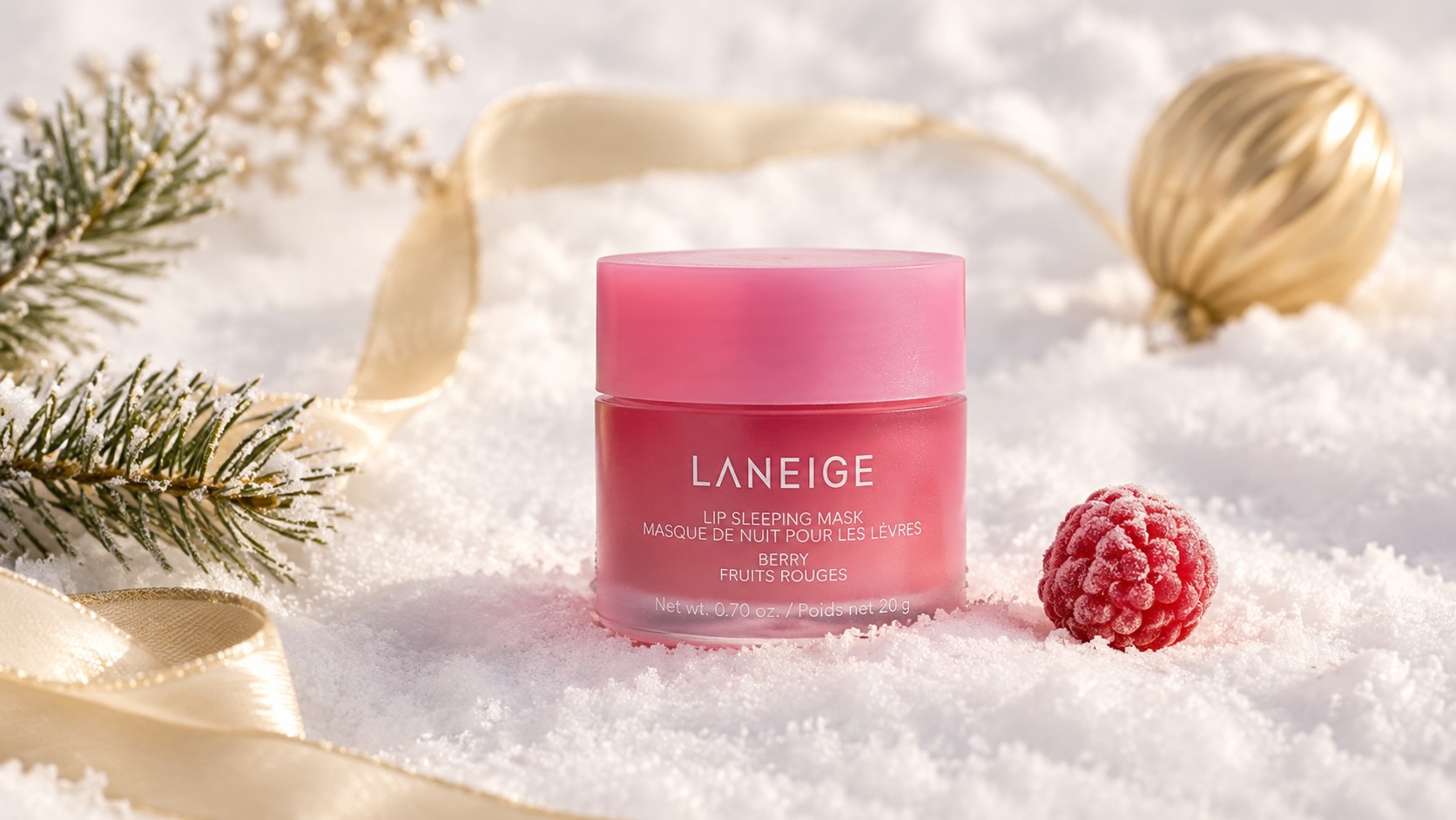 Laneige Lip Sleeping Mask pink jar on white holiday background with berry and pine accents
