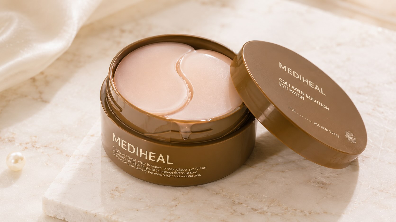 MEDIHEAL Collagen Solution Eye Patch jar with hydrogel crescents visible on cream marble background