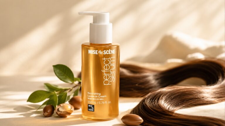 Mise en Scène Perfect Serum gold pump bottle with argan sprig on cream background