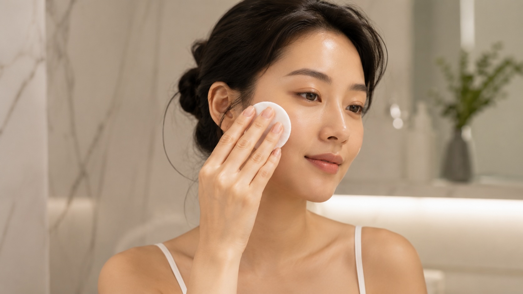 Hands applying Some By Mi 30 Days Miracle Toner with cotton pad on cheek showing the cotton pad K-beauty toner method