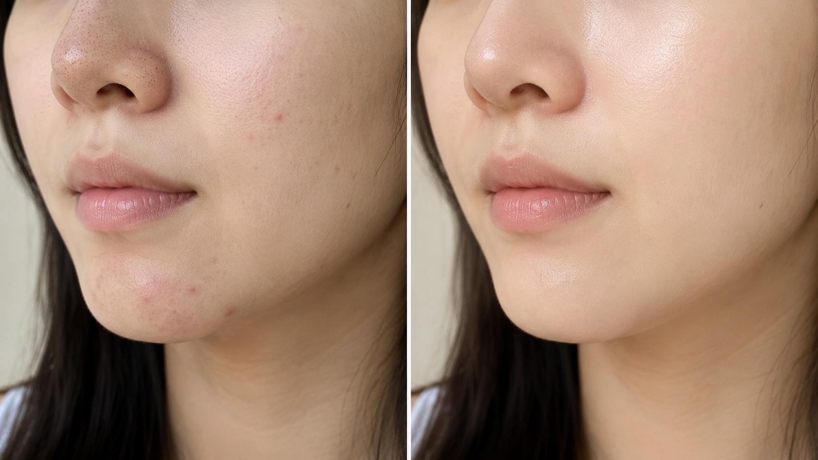 Before and after comparison of skin texture clarity and pore appearance after 6 weeks of Some By Mi 30 Days Miracle Toner use