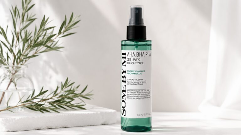 Some By Mi AHA-BHA-PHA 30 Days Miracle Toner bottle on minimalist white surface with tea tree leaves