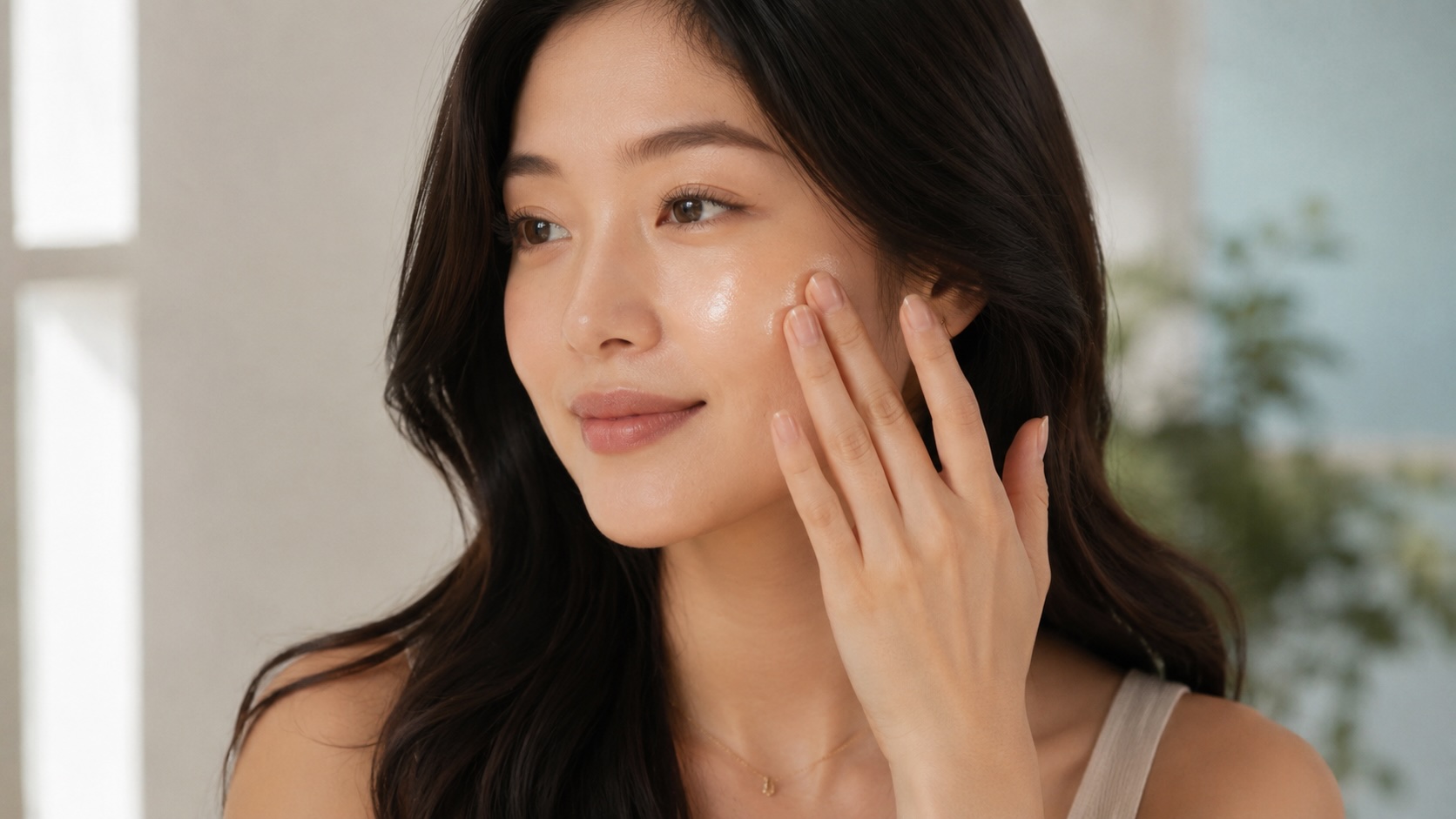 Hands pressing Torriden DIVE-IN Serum into facial skin showing absorption into damp face
