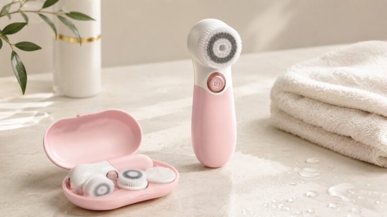 TOUCHBeauty facial cleansing brush device on cream background with towel and water droplets