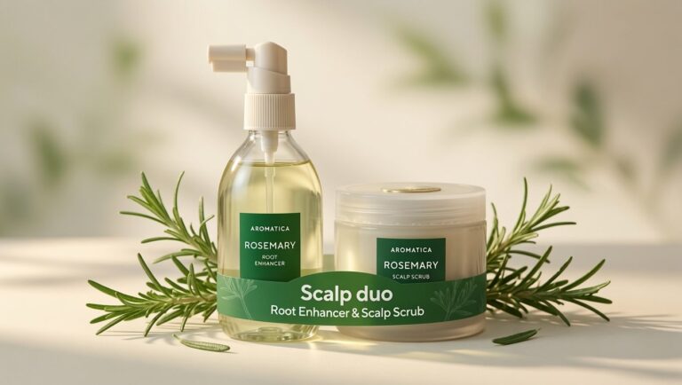 AROMATICA Rosemary Root Enhancer spray and scalp scrub with rosemary sprigs on cream background