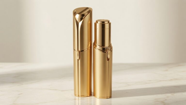 Finishing Touch Flawless Facial Hair Remover gold device on cream marble