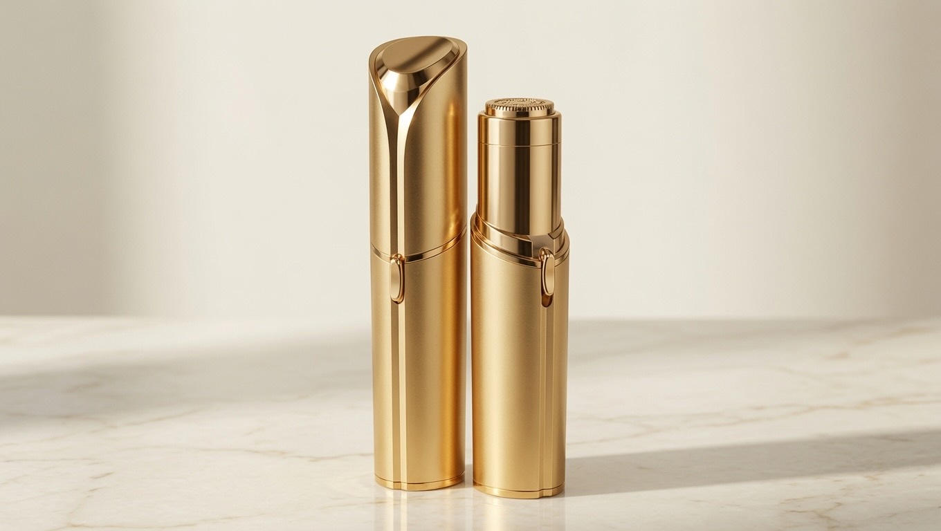 Finishing Touch Flawless Facial Hair Remover gold device on cream marble