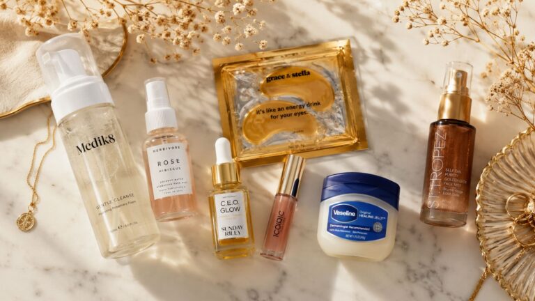 Hailey Bieber glazed skin routine products available on Amazon arranged on marble surface