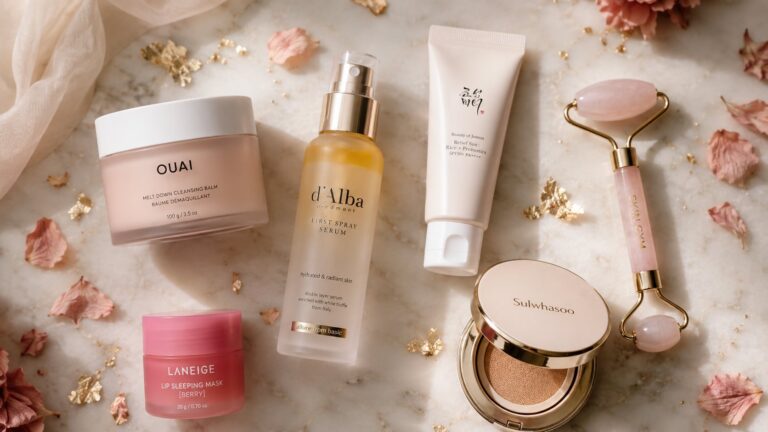 Jennie BLACKPINK K-beauty routine products available on Amazon arranged on marble surface