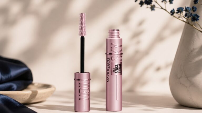 Maybelline Sky High Mascara tube with wand on cream background