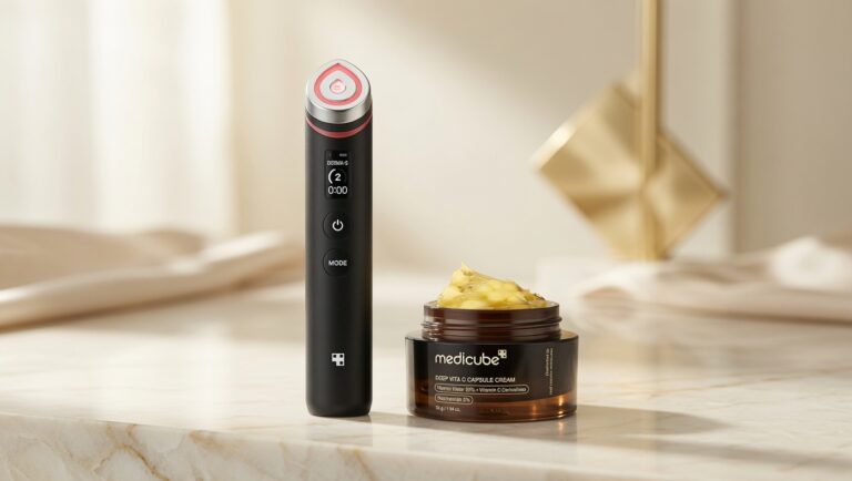medicube Age-R Booster Pro device and vitamin C moisturizer on cream marble background