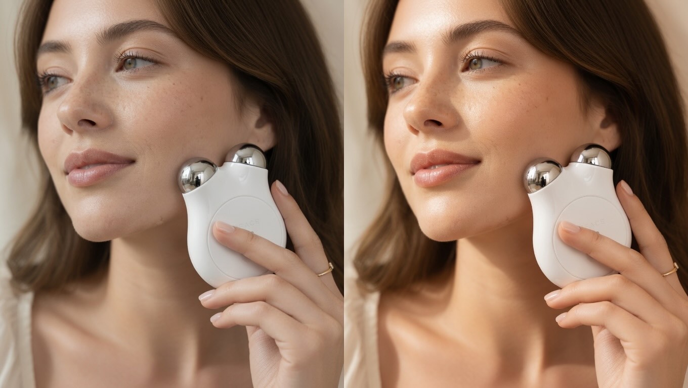 Before and after comparison showing improved jawline definition and cheek lift after 6 weeks of NuFACE Mini use