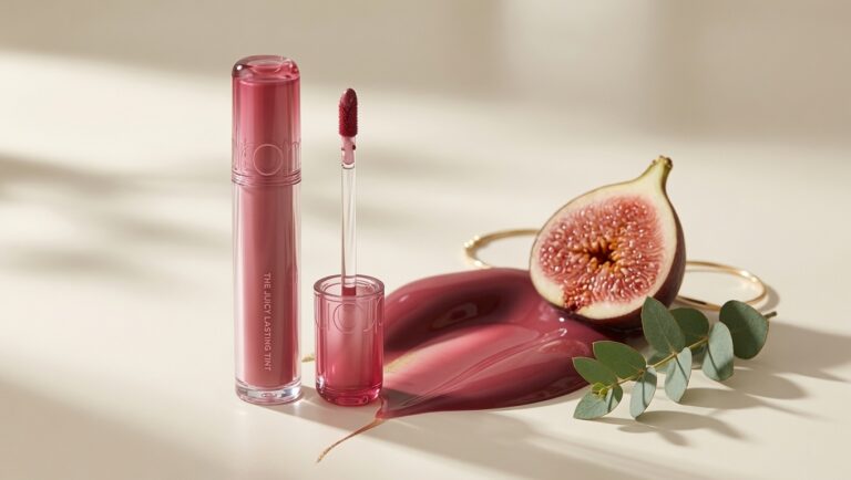 rom&nd Juicy Lasting Tint tube in Fig Fig with fresh fig on cream background