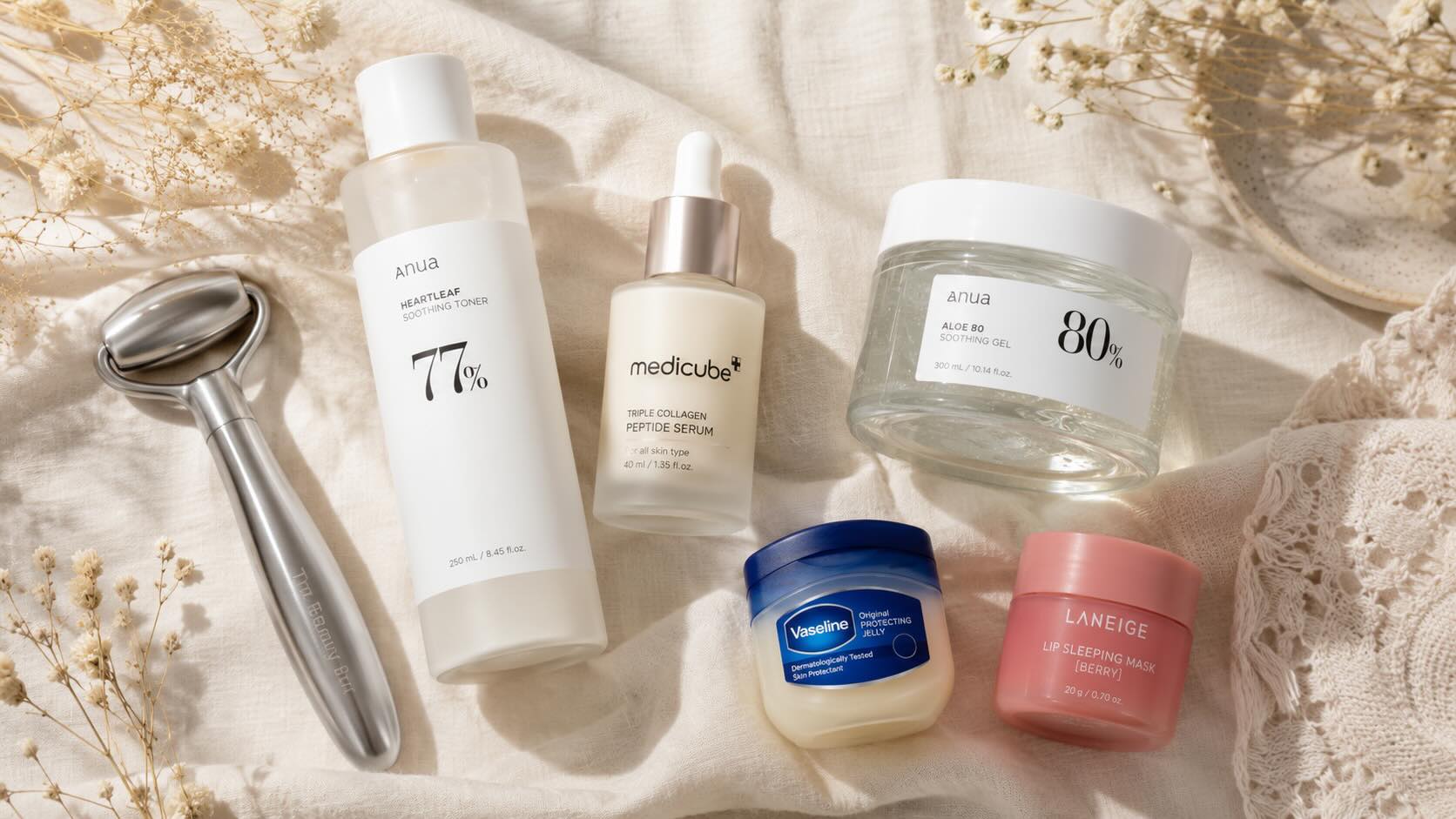 Sydney Sweeney skincare routine products available on Amazon arranged on soft cream surface