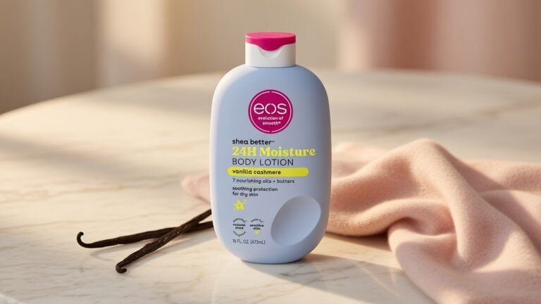 eos Shea Better Body Lotion Vanilla Cashmere bottle with vanilla pod and cashmere on cream marble