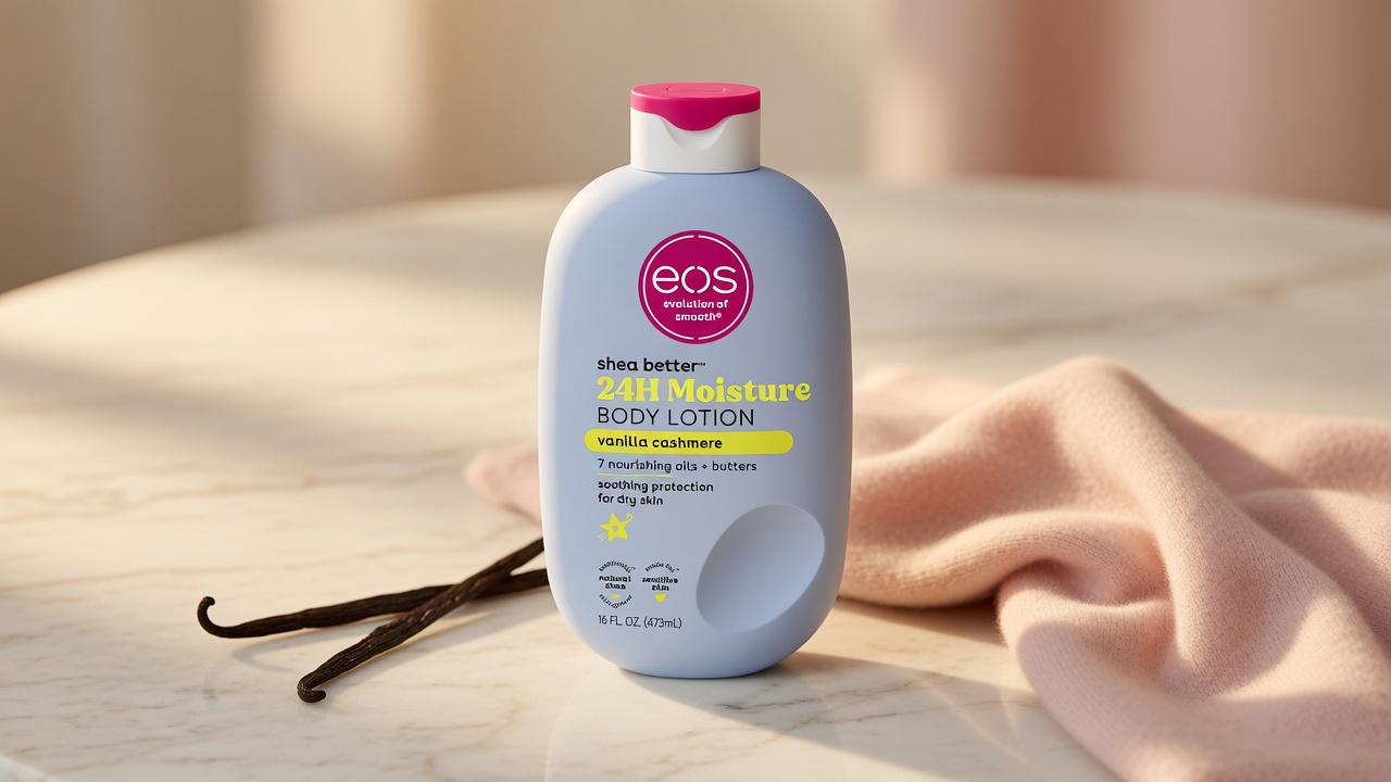 eos Shea Better Body Lotion Vanilla Cashmere bottle with vanilla pod and cashmere on cream marble