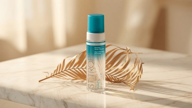 St. Tropez Purity Bronzing Water Mousse bottle with summer palm leaf styling on cream marble