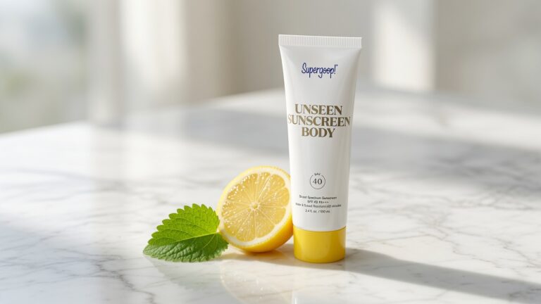Supergoop Unseen Sunscreen Body SPF 40 tube on white marble with lemon slice summer styling