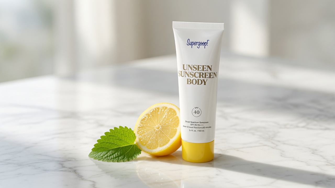 Supergoop Unseen Sunscreen Body SPF 40 tube on white marble with lemon slice summer styling