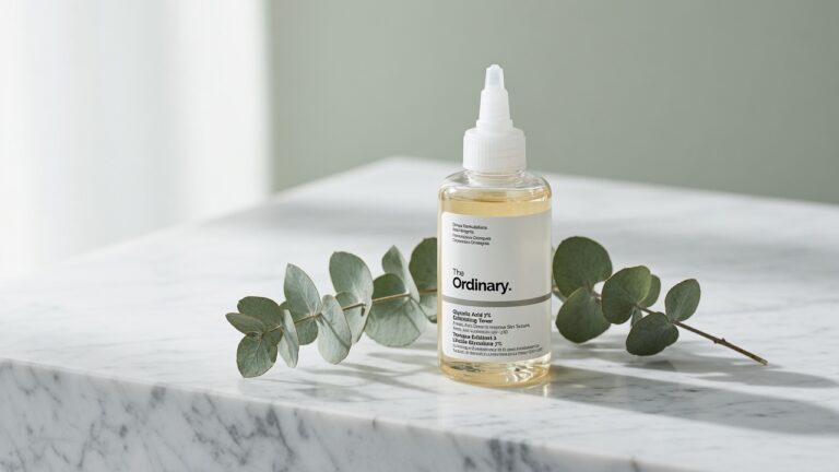 The Ordinary Glycolic Acid 7% Exfoliating Toner bottle on white marble with minimalist clinical styling