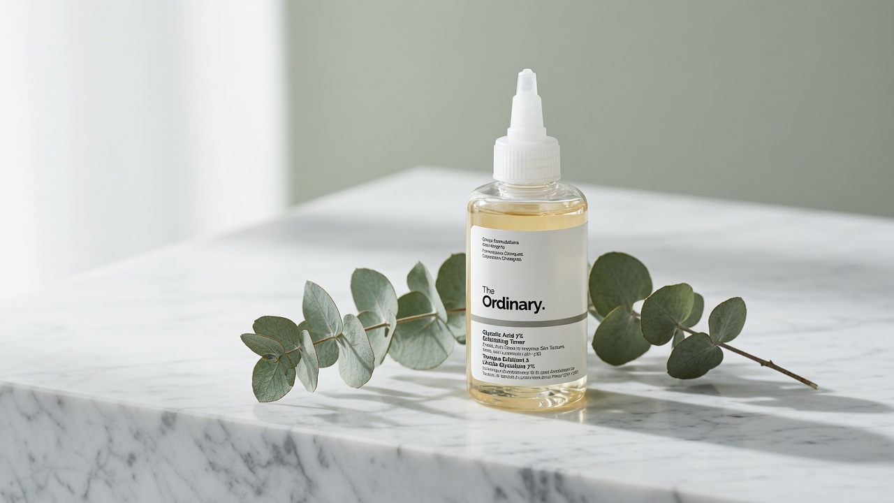 The Ordinary Glycolic Acid 7% Exfoliating Toner bottle on white marble with minimalist clinical styling