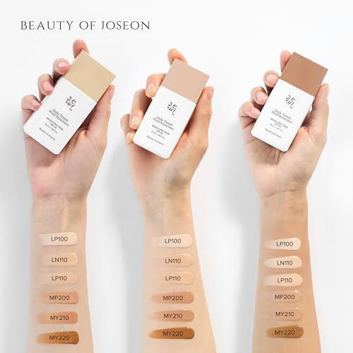 Arm swatches of all 12 Beauty of Joseon Daily Tinted Fluid shades with their shade codes