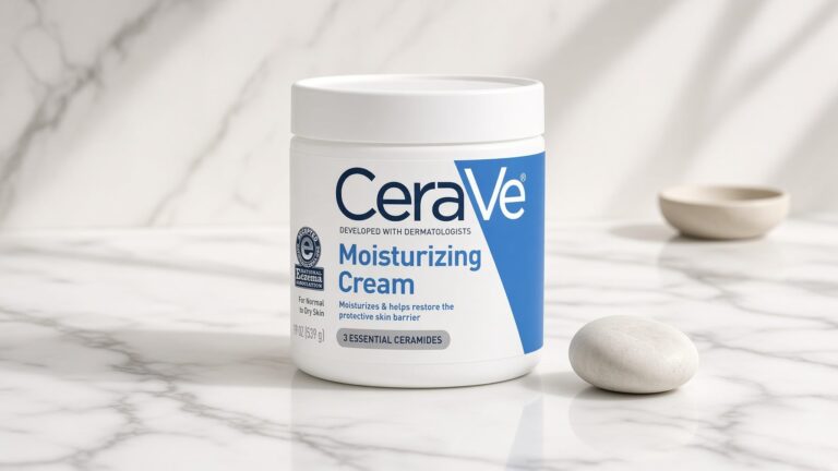 CeraVe Moisturizing Cream white tub on white marble with clinical dermatology skincare styling
