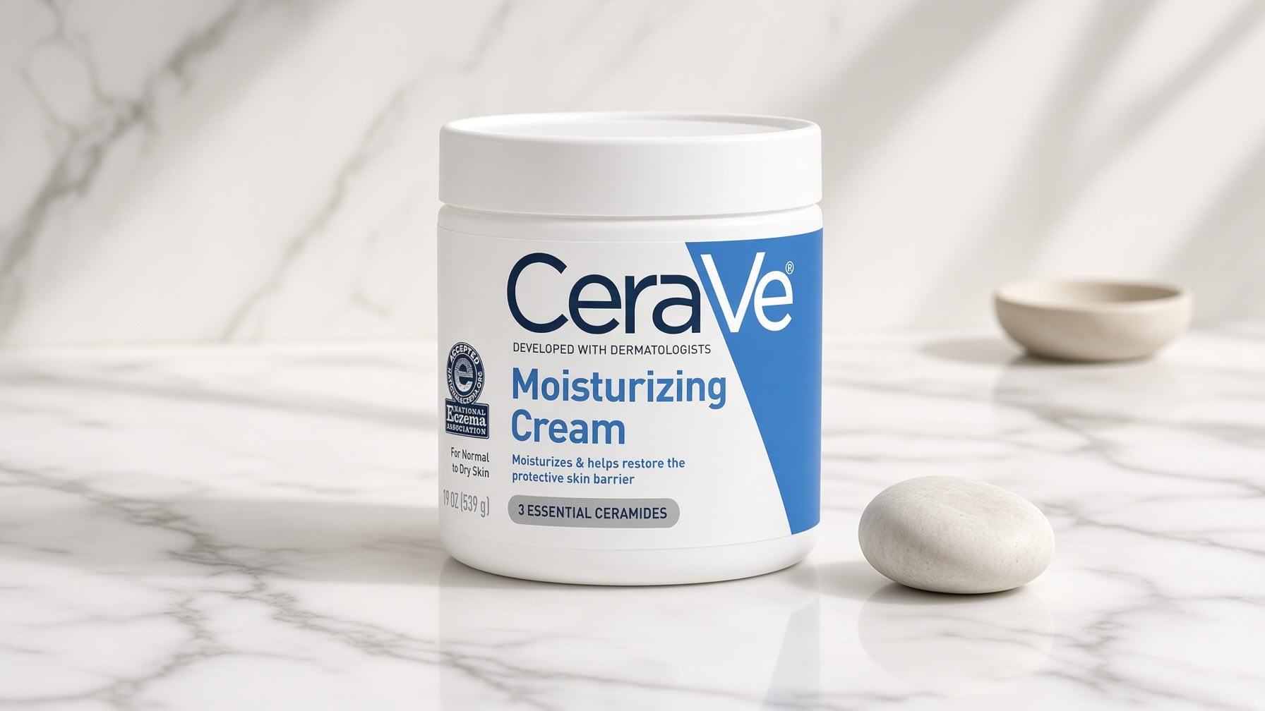CeraVe Moisturizing Cream white tub on white marble with clinical dermatology skincare styling
