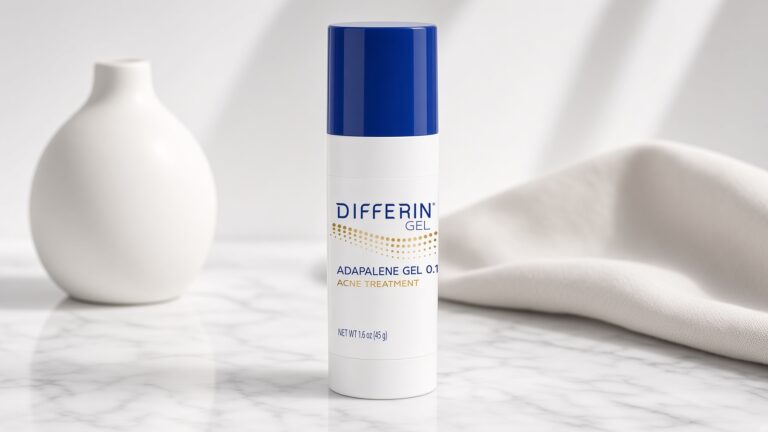 Differin Adapalene Gel 0.1% white tube on white marble with clinical dermatology skincare styling