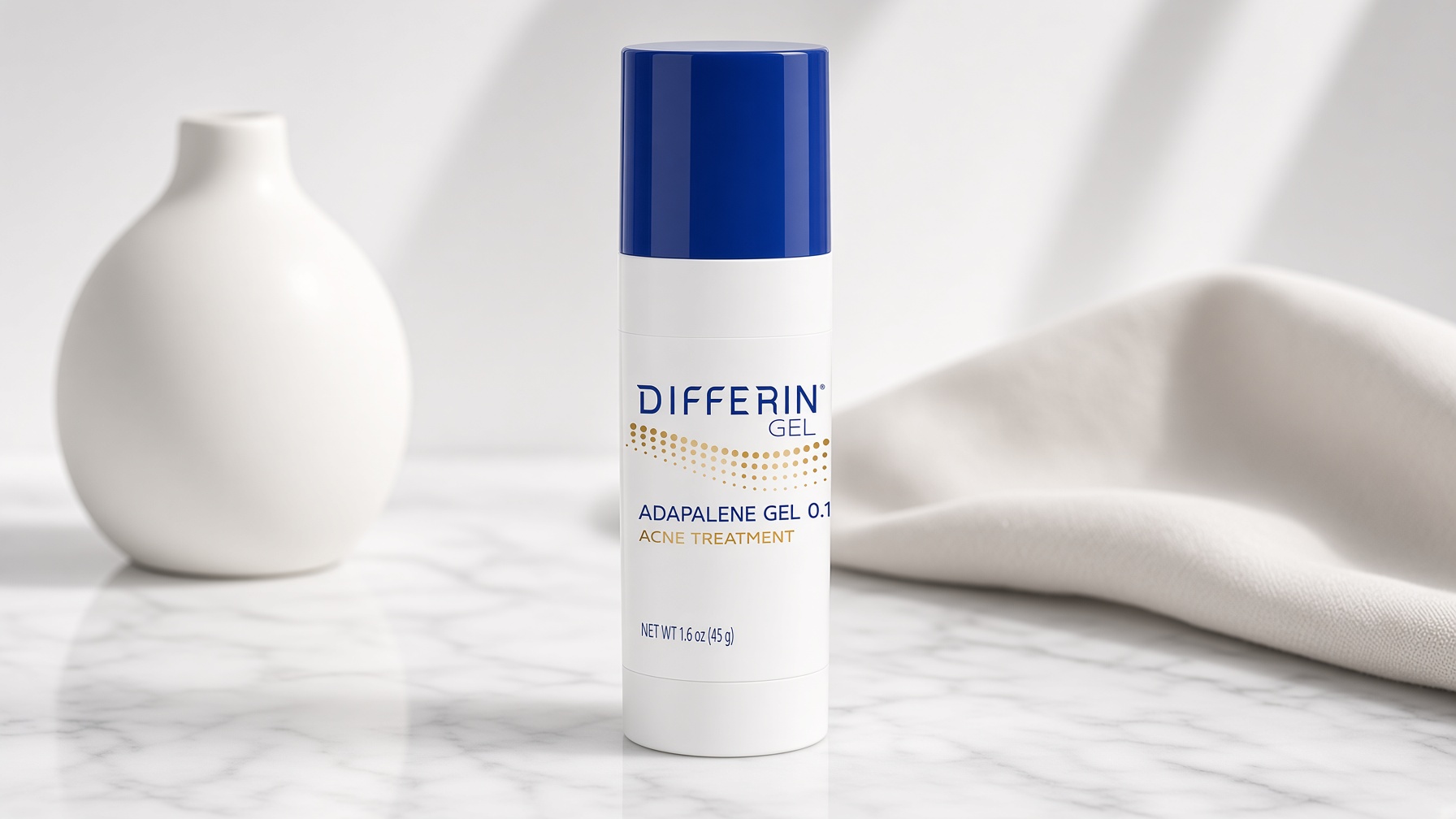 Differin Adapalene Gel 0.1% white tube on white marble with clinical dermatology skincare styling